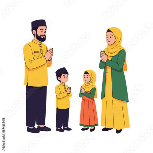 Muslim family wishing Eid Mubarak traditional greeting gesture illustration