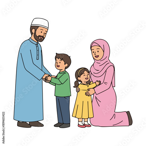Muslim Family Greeting Each Other Happy Celebration Vector Art