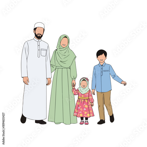 Happy Muslim Family Standing Together Vector Illustration