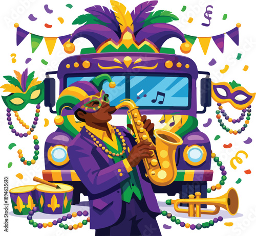 Festive Mardi Gras Music Performance with Parade Bus Front View Vector