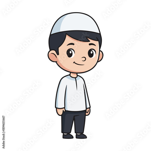 Happy Muslim Boy Wearing Kufi Cartoon Vector Illustration