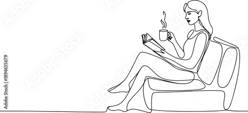 Single continuous line drawing a woman sits on a sofa crossing legs holding a book and a mug. Living a normal life. Fighting pain. one line Icon drawing