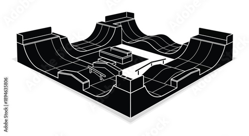 A detailed black and white illustration of a skatepark with ramps and rails on transparent background silhouette high quality professional modern