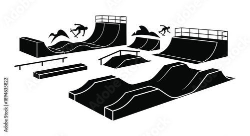 A black silhouette of a skatepark with ramps and skaters in motion on transparent background high quality professional detailed modern elegant