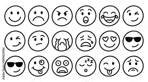Collection of HandDrawn Doodle Emoticons Expressing Various Emotions and Moods.