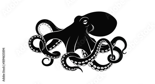 A striking black octopus illustration with curled tentacles and a detailed head ideal for design projects on transparent background silhouette