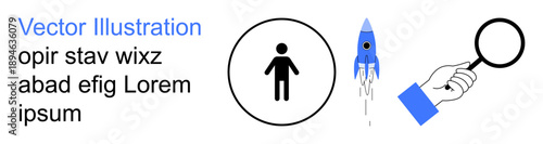 Innovation, exploration, research, discovery, growth, progress. Human figure in a circle, rocket launching hand holding magnifying glass. Exploration and innovation visually