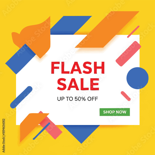Flash Sale Banner Template - Up to 50% Off Offer. Abstract Geometric Marketing Promotion Background for E-commerce and Social Media.