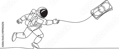 Continuous one line drawing astronaut running chasing bait of banknote from himself. Greedy of collecting money in space industry. Cosmonaut outer space. one line Icon drawing
