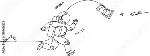 Continuous one line drawing astronaut running chasing bait of banknote from himself. Greedy of collecting money in space industry. Cosmonaut outer space. one line Icon drawing