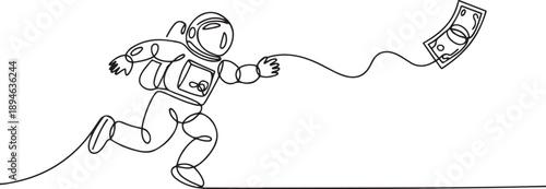Continuous one line drawing astronaut running chasing bait of banknote from himself. Greedy of collecting money in space industry. Cosmonaut outer space. one line Icon drawing