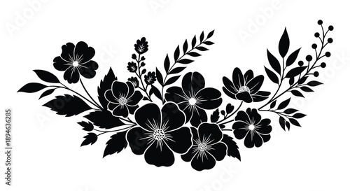 A delicate floral arrangement featuring assorted blossoms and leafy branches presented in a striking silhouette on transparent background high quality professional