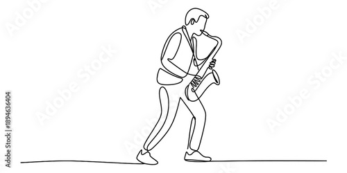 Continuous line art drawing of a jazz musician playing a saxophone with passion