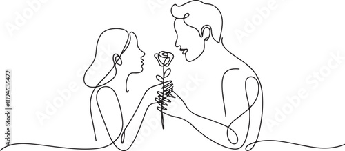 Single continuous line drawing a man's hand gives a rose to a woman. Trying to do the slightest romantic thing. Doing seduction. Romantic couple. one line Icon drawing