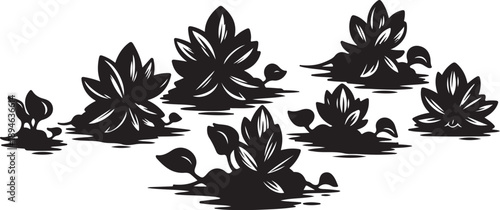 Black Silhouette of Lotus Flowers on Water Surface Illustration