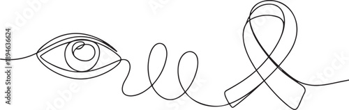 Continuous one line drawing the campaign ribbon next to eye. Invitation to care more about eye health. Prevention is better than cure. World Glaucoma Day. one line Icon drawing