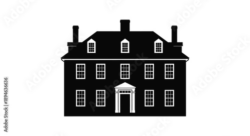 A striking black silhouette of a classic manor house with detailed windows perfect for design use on transparent background silhouette