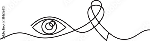Continuous one line drawing the campaign ribbon next to eye. Invitation to care more about eye health. Prevention is better than cure. World Glaucoma Day. one line Icon drawing