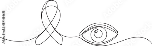 Continuous one line drawing the campaign ribbon next to eye. Invitation to care more about eye health. Prevention is better than cure. World Glaucoma Day. one line Icon drawing