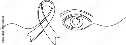 Continuous one line drawing the campaign ribbon next to eye. Invitation to care more about eye health. Prevention is better than cure. World Glaucoma Day. one line Icon drawing