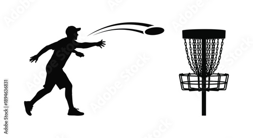 A black silhouette of a man throwing a disc toward a basket ideal for design projects on transparent background silhouette