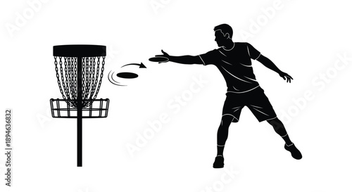 A black silhouette of a man throwing a disc toward a basket representing disc golf on transparent background high quality professional