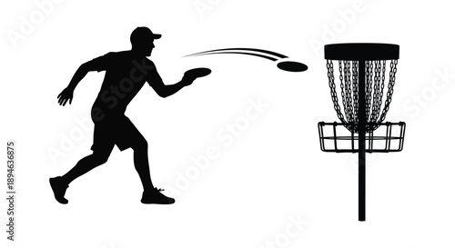 A dynamic silhouette of a disc golfer in action throwing a frisbee towards a basket on transparent background high quality professional
