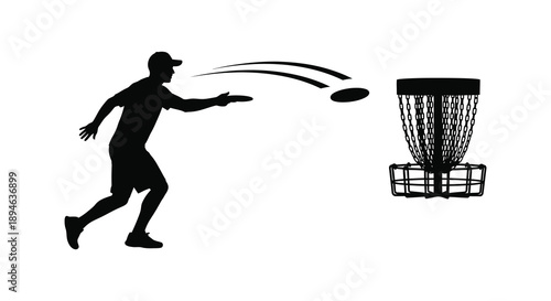 A black silhouette of a disc golfer throwing a frisbee toward a basket on transparent background silhouette high quality professional detailed