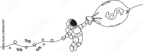 Single continuous line drawing astronaut holding on to a flying money bag. The metaphor of lots of money will make many wishes come true. one line Icon drawing