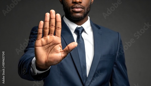 Businessman in Blue Suit Showing Stop Gesture with Hand, Concept of Denial, Rejection, Protection, and Professional Boundaries AI generated image.