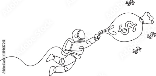 Single continuous line drawing astronaut holding on to a flying money bag. The metaphor of lots of money will make many wishes come true. one line Icon drawing