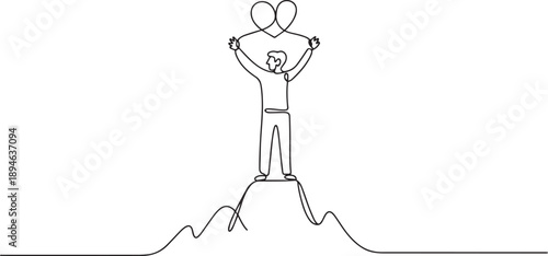 A single line drawing of a young man holding a heart high above his head on a mountain peak, symbolizing triumph and unity for Love Conquers All Day. one line Icon drawing