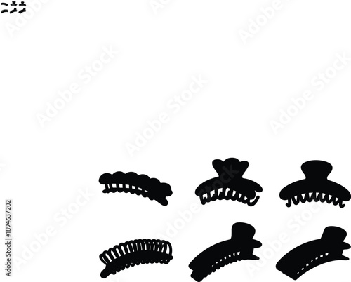 Collection of assorted hair claw clip silhouettes in different shapes, fashion hair accessories, beauty clamps, styling tools, modern women design