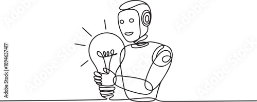 Single continuous line drawing robot hugging lightbulb. Has the idea to make robot that has human-like characteristics. Machine learning process. one line Icon drawing