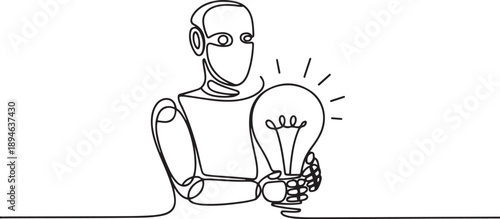 Single continuous line drawing robot hugging lightbulb. Has the idea to make robot that has human-like characteristics. Machine learning process. one line Icon drawing