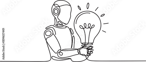 Single continuous line drawing robot hugging lightbulb. Has the idea to make robot that has human-like characteristics. Machine learning process. one line Icon drawing