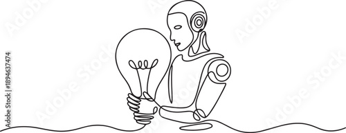 Single continuous line drawing robot hugging lightbulb. Has the idea to make robot that has human-like characteristics. Machine learning process. one line Icon drawing