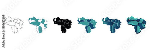 Set of six vector maps illustrating various graphical representations of Venezuela, from simple outline to shaded and colored regions.