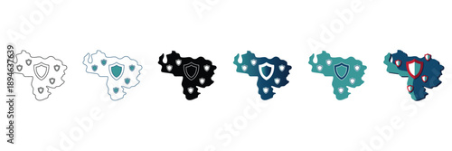 Worldwide Venezuela country map silhouette vector icon set, editable graphic geography illustration of South America nation border and location clip art