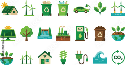 Title: Big set of flat vector icons illustrating green energy sustainable ecology recycling solar power and environmental protection concepts.