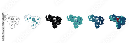 A series of six vector icons depicting a map shape with rain clouds and raindrops in various styles and color schemes, representing weather or climate.