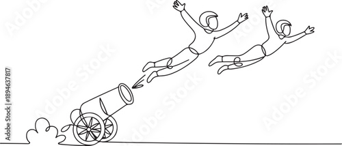 Single continuous line drawing the circus performers inside the cannon wear helmets and put their hands forward. Fun and also a test of courage. one line Icon drawing