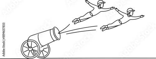 Single continuous line drawing the circus performers inside the cannon wear helmets and put their hands forward. Fun and also a test of courage. one line Icon drawing