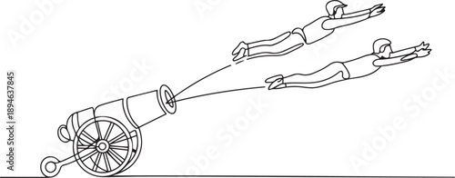 Single continuous line drawing the circus performers inside the cannon wear helmets and put their hands forward. Fun and also a test of courage. one line Icon drawing