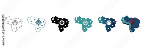 A collection of six stylized vector map icons, depicting a country or region with a central emblem and multiple points, presented in various color schemes and styles from outline to solid fills.