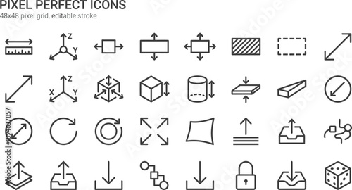 Title: Set of pixel perfect vector linear icons regarding size, dimension, measuring, scale, resize, enlarge and decrease for web design.