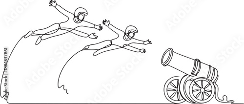 Single continuous line drawing the circus performers inside the cannon wear helmets and put their hands forward. Fun and also a test of courage. one line Icon drawing