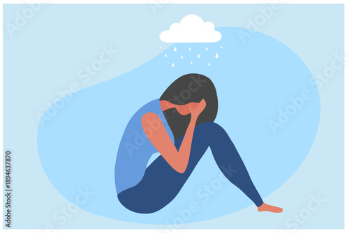 Sad and depressed woman hug her knee sitting on window.Unhappy and stressed, psychology, depression, stress, mental healtlh.and loneliness vector illustration.

