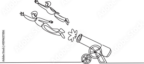 Single continuous line drawing the circus performers inside the cannon wear helmets and put their hands forward. Fun and also a test of courage. one line Icon drawing