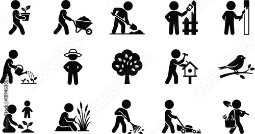 Title: Gardening and planting silhouette icons set showing people watering plants digging soil and caring for nature in black vector style.